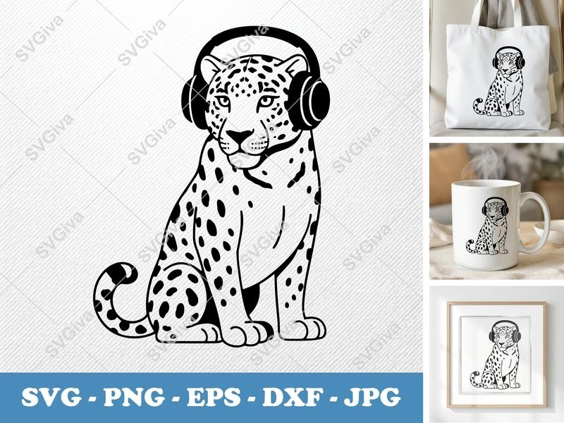 Jaguar SVG, Leopard with Headphones, Modern Animal Cut File, PNG EPS DXF for Cricut & Silhouette, Wildlife Clipart