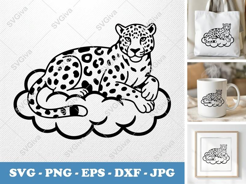 Jaguar SVG, Modern Leopard on Cloud Cut File, PNG, EPS, DXF for Cricut & Silhouette, Animal Vector Art