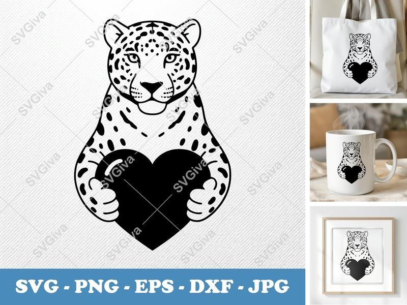 Jaguar SVG, Modern Leopard with Heart Cut File, PNG EPS DXF for Cricut, Silhouette, Animal Lover Gift