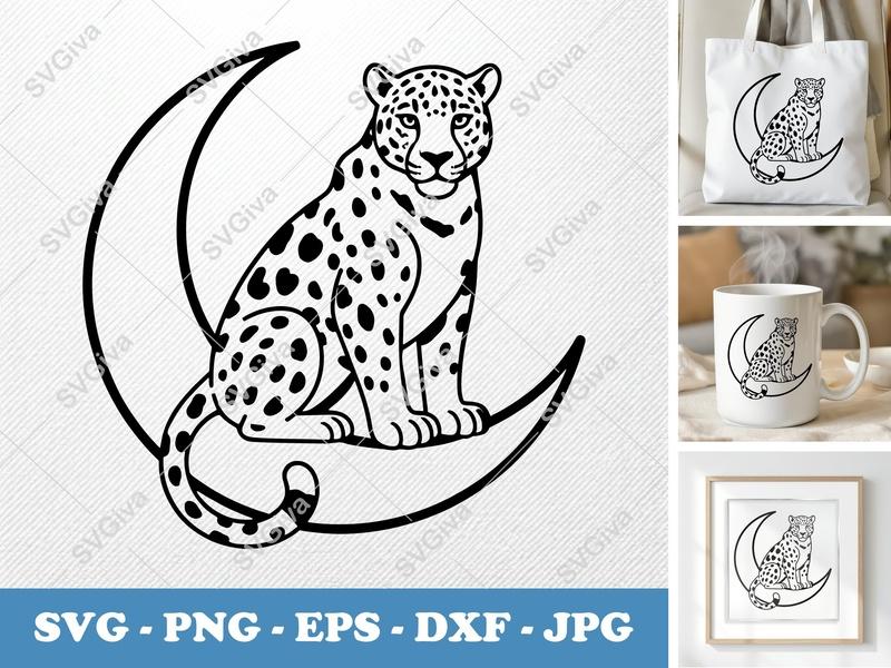 Jaguar SVG, Moon Crescent Leopard Cut File, Wild Cat PNG EPS DXF for Cricut Silhouette, Animal Vector Art, Modern Safari Design