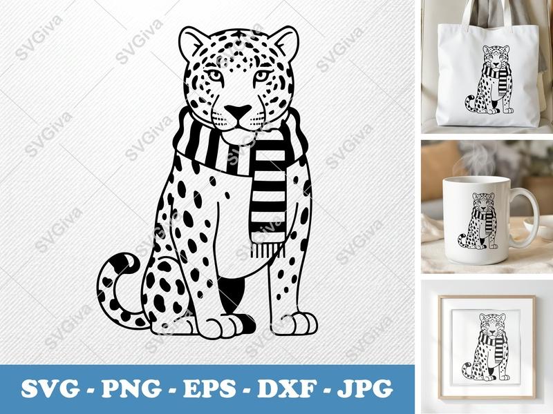 Jaguar SVG, Scarf Leopard Cut File, Modern Big Cat PNG EPS DXF for Cricut & Silhouette, Wildlife Clipart Vector