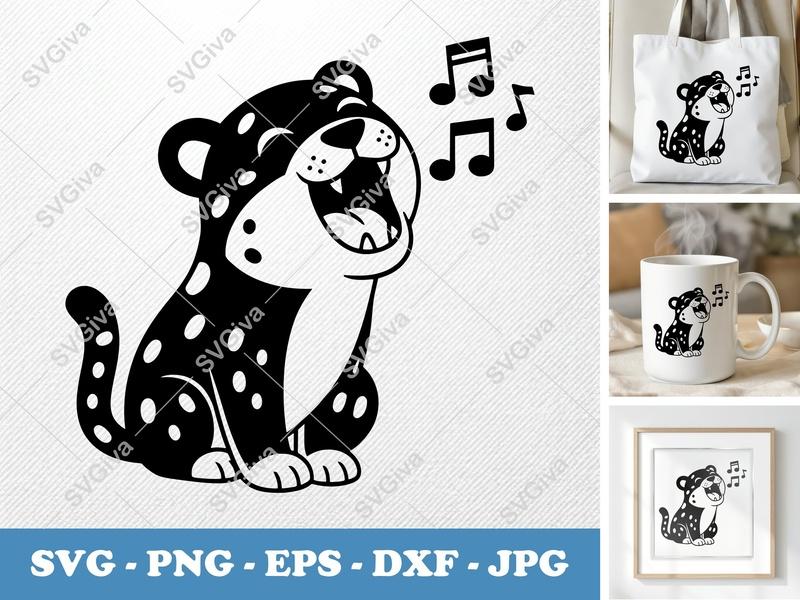 Jaguar SVG, Singing Leopard Cut File, Musical Animal SVG, PNG, EPS, DXF for Cricut & Silhouette, Cute Cartoon