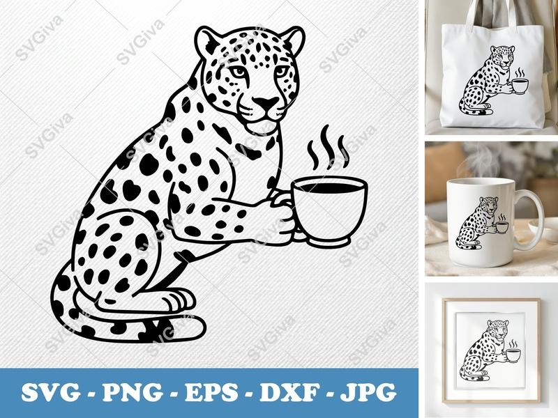 Jaguar SVG with Coffee Mug | Leopard Spot Animal Cut File | PNG EPS DXF for Cricut & Silhouette | Modern Big Cat Design
