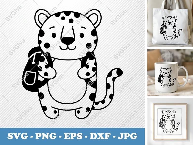 Jaguar wearing backpack SVG | Puffy Soft Shapes | Inflated Pillow-Soft Cut File | PNG DXF EPS for Cricut Silhouette