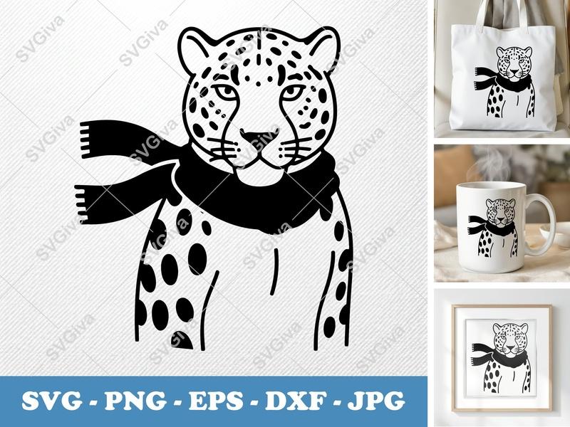 Jaguar Wearing Scarf SVG | Minimalist Animal Cut File | Bold Black Contour PNG DXF EPS | Cricut Silhouette