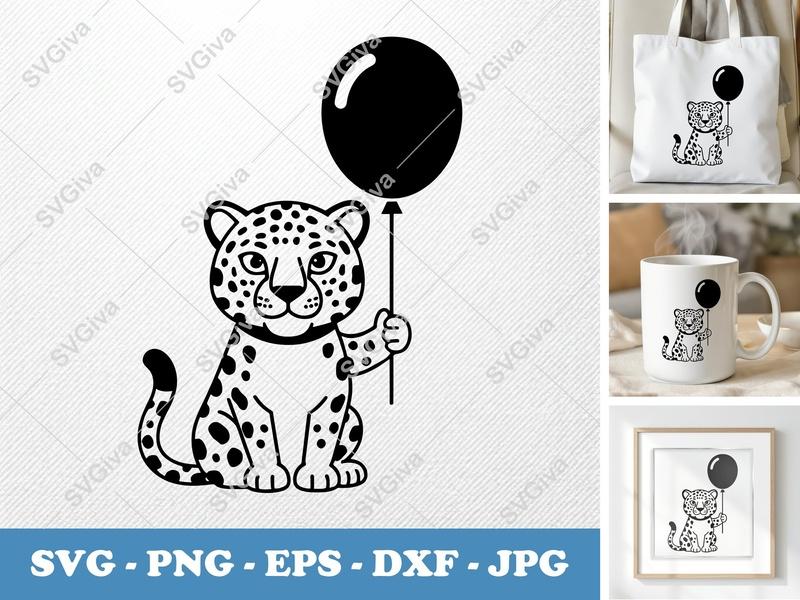Jaguar with Balloon SVG | Puffy Soft Forms | PNG DXF EPS | Cricut Silhouette | Animal Birthday Cut File
