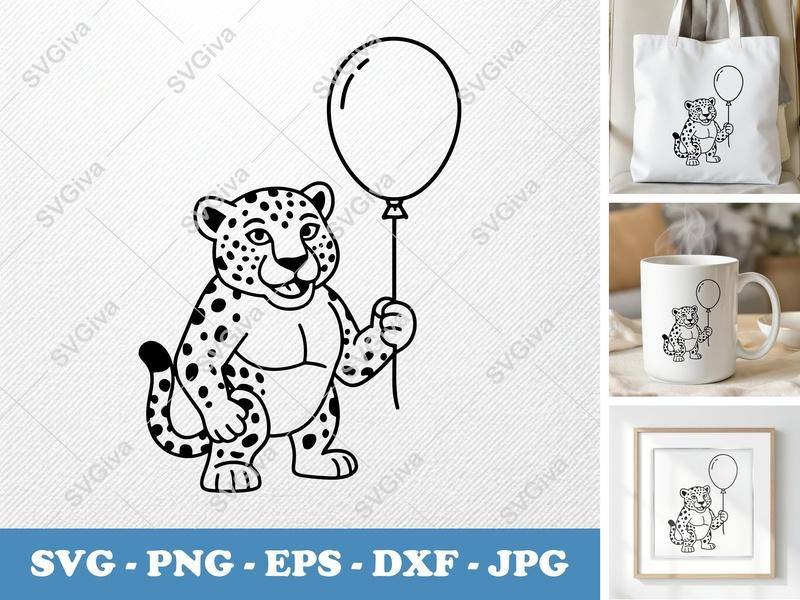 Jaguar with Balloon SVG | Simple Character Design | Bold Outline PNG DXF EPS | Cricut Silhouette File