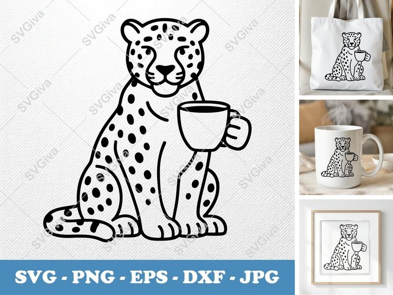 Jaguar with Coffee Cup SVG | Minimalist Character Design | Bold Outline PNG DXF EPS | Cricut Silhouette File