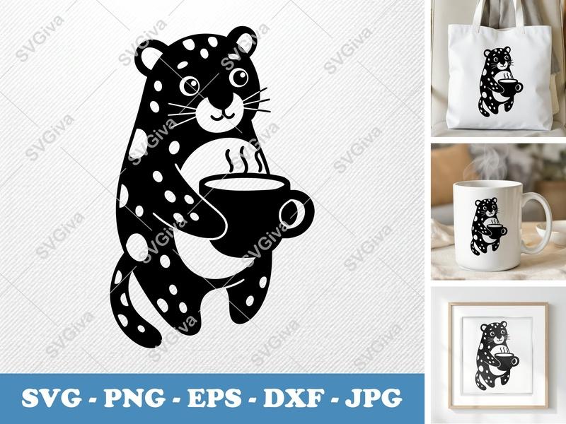 Jaguar with Coffee Cup SVG | Puffy Soft Shapes | Inflated Pillow Art | PNG DXF EPS | Cricut Silhouette File