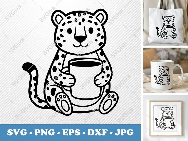 Jaguar with Coffee Cup SVG | Rounded Bean-Shaped Cut File | Friendly Animal PNG DXF EPS for Cricut Silhouette