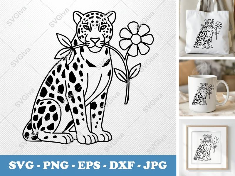 Jaguar with Flower SVG | Double-Outline Minimalist Cut File | Thick Contour, Thin Lines | PNG DXF EPS | Cricut Silhouette Design