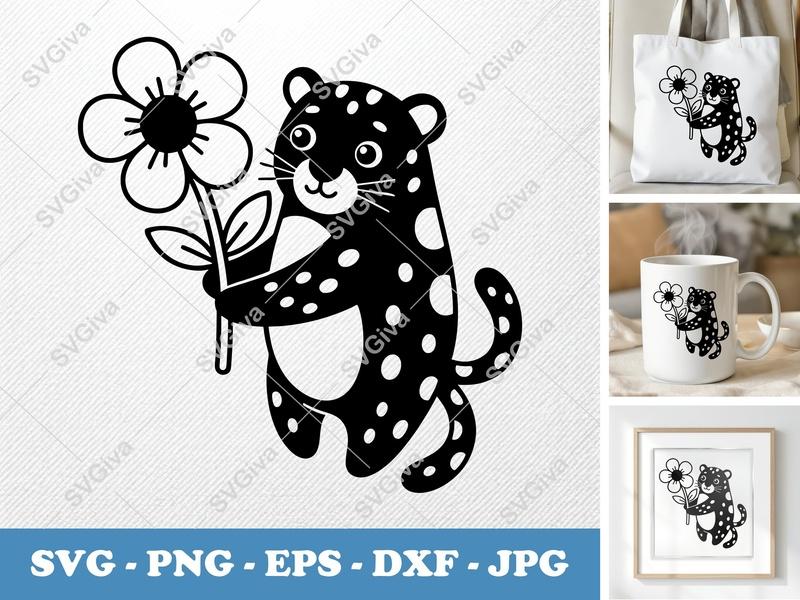 Jaguar with Flower SVG | Puffy Pillow Soft Shapes | PNG DXF EPS | Cricut Silhouette Cut File