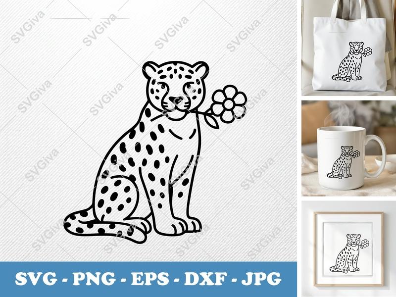 Jaguar with Flower SVG | Simple Line Art | Bold Contour | PNG DXF EPS | Cricut Silhouette Cut File