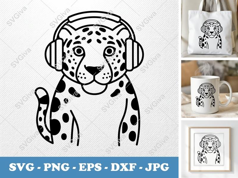 Jaguar with Headphones SVG, PNG, EPS, DXF | Animal Music Lover Cut File for Cricut & Silhouette, Modern Spotted Design