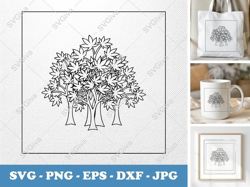 Japanese Maple in a group SVG | Bold Line Art | Tree Forest | Nature Plant | PNG DXF EPS for Cricut Silhouette