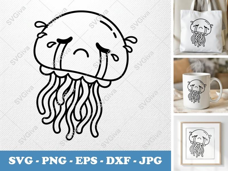 Jellyfish Crying SVG, Friendly Rounded Body Bean-Shaped Forms, PNG DXF EPS, Cricut Silhouette