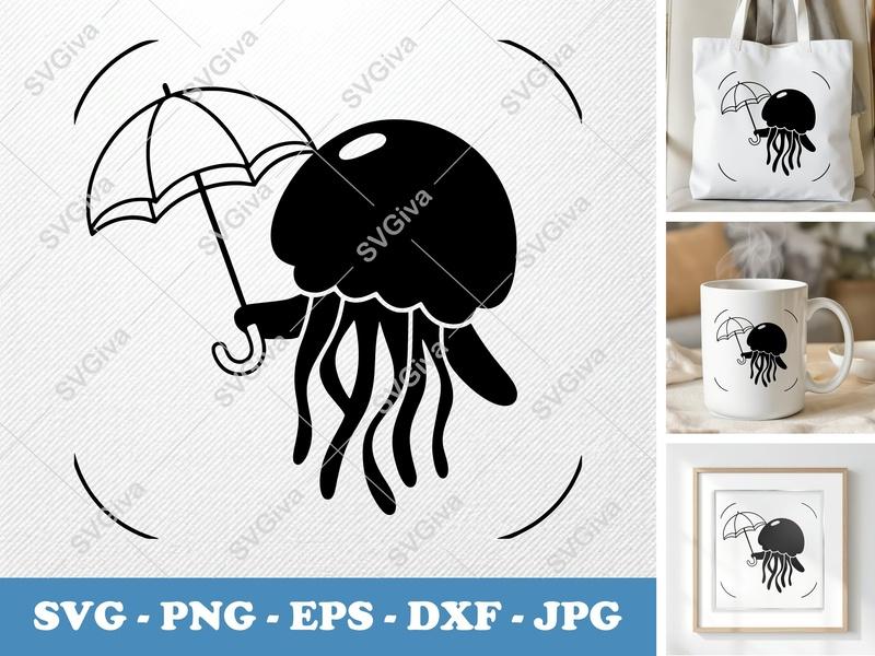 Jellyfish holding umbrella SVG | Puffy Inflatable Forms | PNG DXF EPS | Cricut Silhouette File