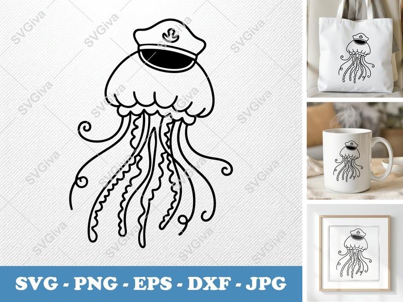 Jellyfish in a Cap SVG | Bold Contour Minimalist Design | PNG DXF EPS | Cricut Silhouette Cut File
