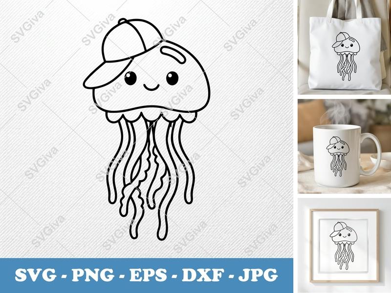 Jellyfish in a Cap SVG | Friendly Rounded Body Bean Shape | PNG DXF EPS | Cricut Silhouette File