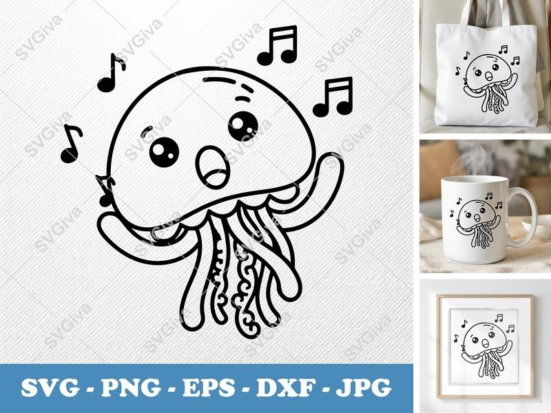 Jellyfish Singing SVG | Friendly Rounded Body Bean Shaped Cut File | PNG DXF EPS | Cricut Silhouette