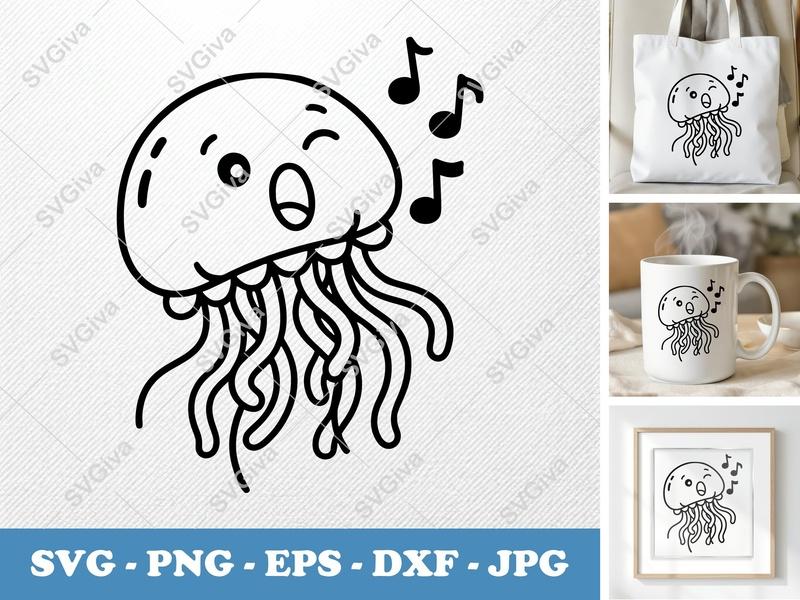 Jellyfish Singing SVG | Kawaii Music Notes PNG EPS DXF | Cute Sea Animal Cricut Silhouette Cut File