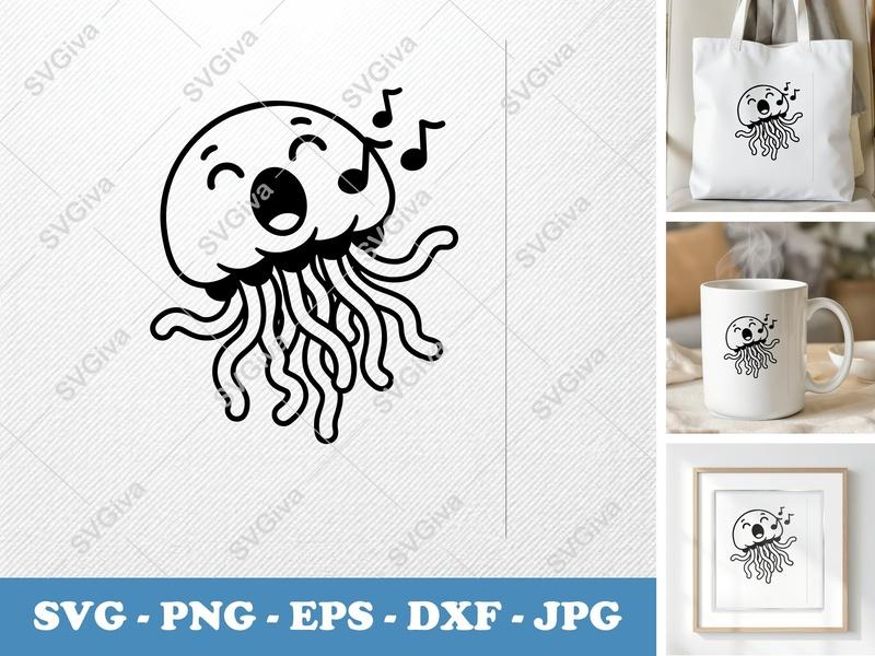 Jellyfish Singing SVG, Puffy Ocean Pal Cut File, PNG DXF EPS for Cricut & Silhouette, Kawaii Sea Life
