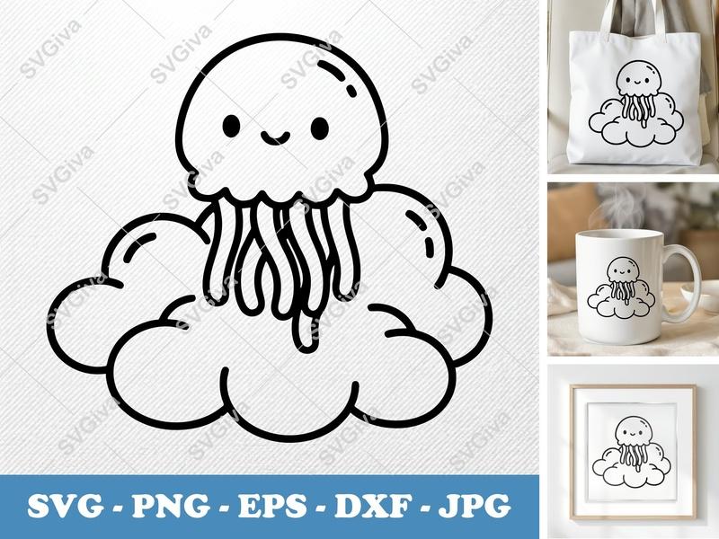 Jellyfish Sitting on a Cloud SVG | Friendly Bean-Shaped Cut File | PNG DXF EPS for Cricut Silhouette