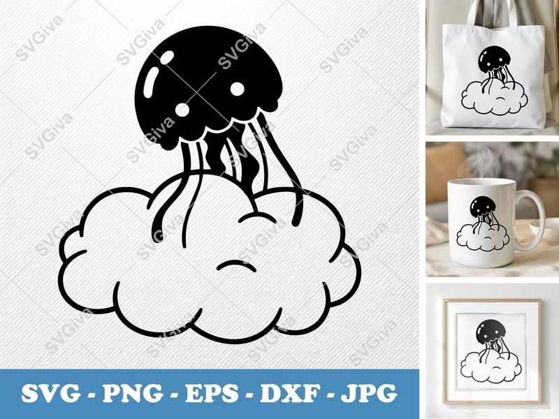 Jellyfish Sitting on a Cloud SVG | Puffy Dreamy Cut File | PNG DXF EPS | Cricut Silhouette Ocean Art