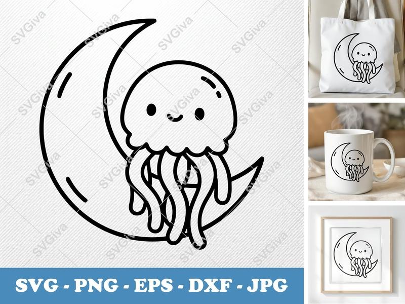 Jellyfish Sitting on Moon SVG | Friendly Rounded Body Bean-Shaped Forms | PNG DXF EPS | Cricut Silhouette File