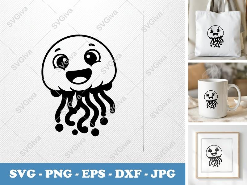 Jellyfish Smiling Happily SVG | Puffy Cartoon Design | PNG DXF EPS | Cricut Silhouette Cut File