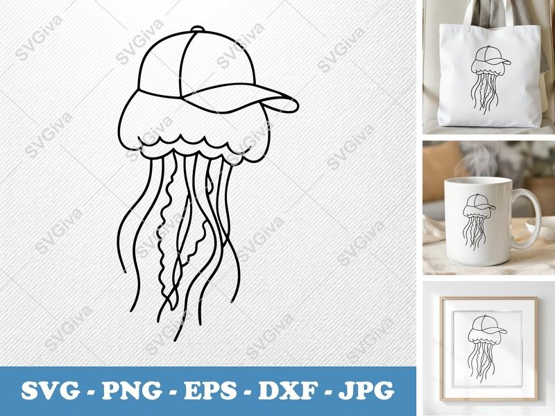 Jellyfish SVG, Baseball Cap Jellyfish, Modern Sea Animal Cut File, PNG EPS DXF for Cricut Silhouette, Outline Vector Art