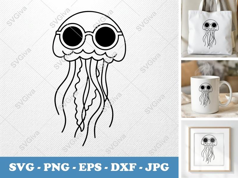 Jellyfish SVG, Cool Jellyfish with Sunglasses Cut File, Modern Sea Animal PNG EPS DXF for Cricut & Silhouette