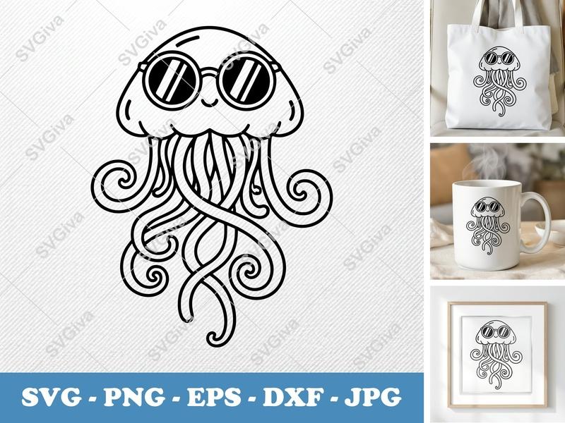 Jellyfish SVG, Cool Jellyfish with Sunglasses, Ocean Animal Cut File, PNG EPS DXF for Cricut & Silhouette