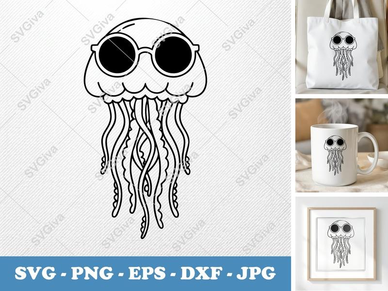 Jellyfish SVG, Cool Jellyfish with Sunglasses, Ocean Animal Cut File, SVG PNG EPS DXF for Cricut & Silhouette