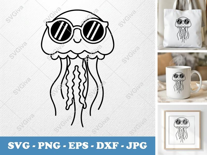 Jellyfish SVG, Cool Jellyfish with Sunglasses, Ocean Animal Cut File, SVG PNG EPS DXF for Cricut Silhouette