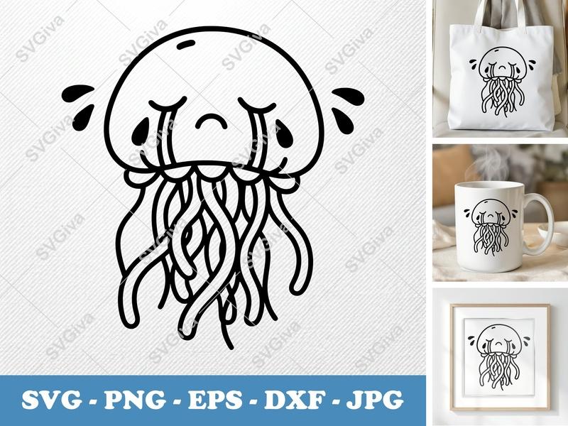 Jellyfish SVG, Crying Jellyfish Cut File, Sad Ocean Creature, Modern Clean Design for Cricut, Silhouette | PNG EPS DXF