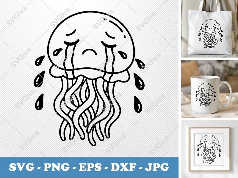 Jellyfish SVG, Crying Jellyfish Cut File, Sad Ocean Creature PNG EPS DXF for Cricut, Silhouette, Underwater Animal Design