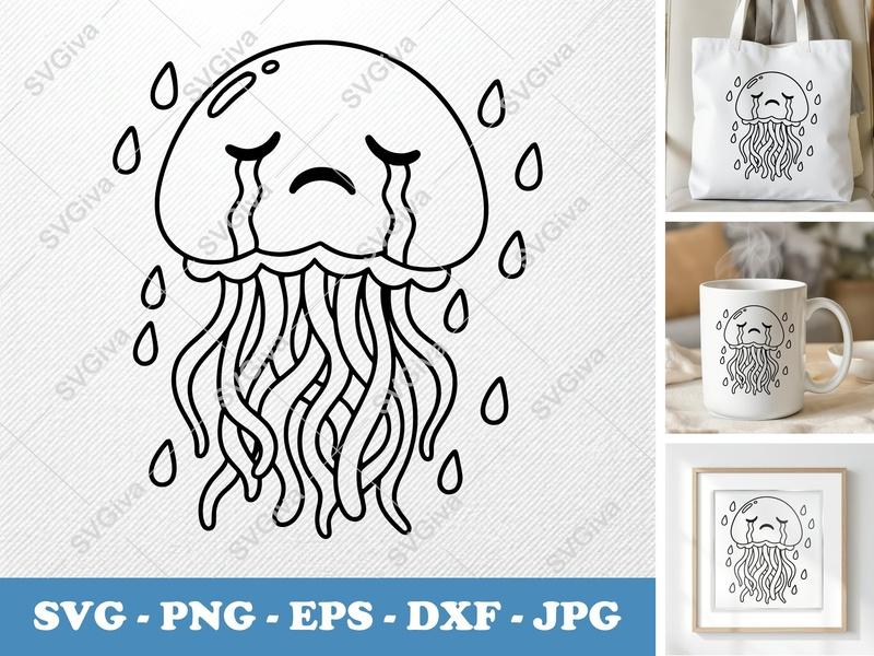 Jellyfish SVG, Crying Jellyfish, Sad Face, Tears, Marine Life, Ocean Creature | PNG EPS DXF for Cricut Silhouette
