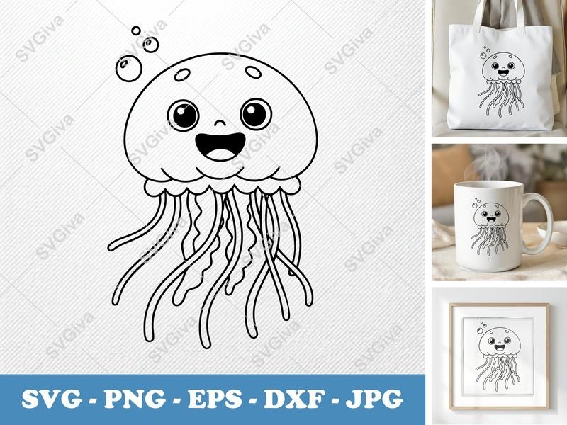 Jellyfish SVG, Cute Cartoon Jellyfish Cut File, Sea Animal Clipart, Ocean Life | PNG EPS DXF for Cricut Silhouette