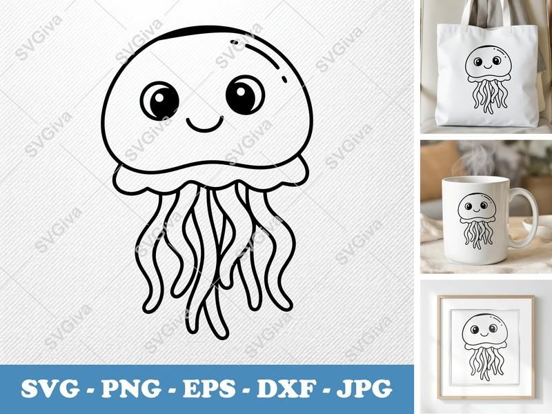 Jellyfish SVG, Cute Cartoon Jellyfish Outline, Kawaii Sea Animal, PNG EPS DXF for Cricut & Silhouette