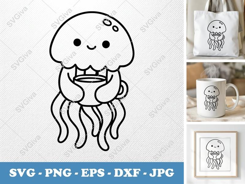 Jellyfish SVG, Cute Cartoon Jellyfish with Coffee Cup, Ocean Animal PNG EPS DXF, Cricut Silhouette Cut File, Kawaii Sea Life