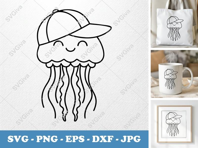 Jellyfish SVG, Cute Cartoon Jellyfish with Hat, Smiling Sea Animal PNG EPS DXF, Cricut Silhouette Cut File, Ocean Life Outline