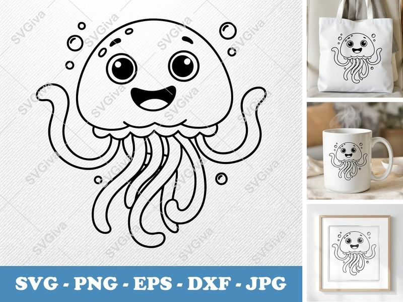 Jellyfish SVG, Cute Cartoon Sea Animal Cut File, Kids Ocean Creature PNG EPS DXF for Cricut, Silhouette, Nursery Decor, Bubbles