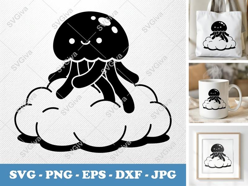 Jellyfish SVG, Cute Cloud Jellyfish Design, Kawaii Sea Creature, PNG EPS DXF, Cricut Silhouette Cut File