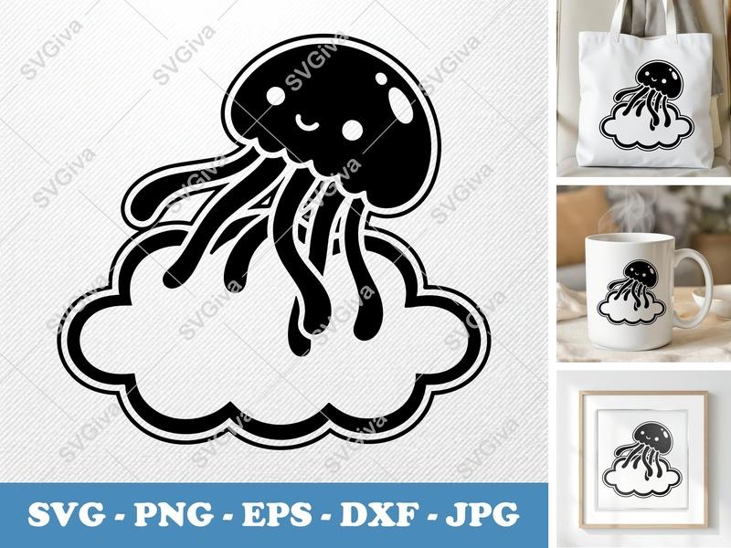 Jellyfish SVG, Cute Cloud Jellyfish, Modern Sea Life, Ocean Creature, PNG EPS DXF, Cricut Silhouette Cut File