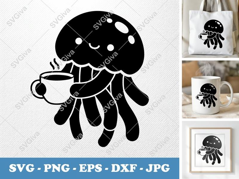 Jellyfish SVG, Cute Coffee Cup Jellyfish Cut File, Kawaii Sea Animal | PNG EPS DXF for Cricut, Silhouette