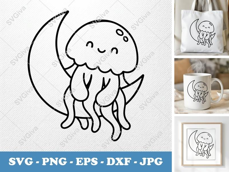 Jellyfish SVG, Cute Crescent Moon Jellyfish Kawaii, PNG EPS DXF | Cricut Silhouette Cut File, Ocean Animal Clipart