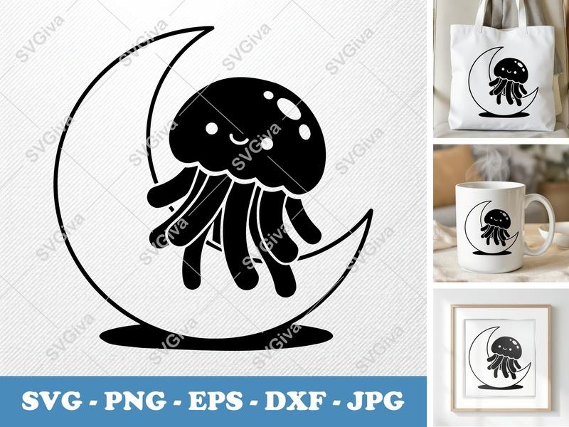 Jellyfish SVG, Cute Crescent Moon PNG, EPS, DXF | Kawaii Sea Animal Cut File for Cricut, Silhouette
