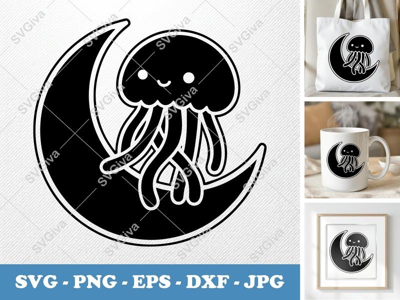 Jellyfish SVG, Cute Crescent Moon PNG, Ocean Animal EPS, Marine Life DXF for Cricut, Silhouette, Starfish, Sea Creature, Digital Download