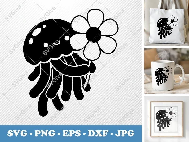 Jellyfish SVG, Cute Flower Tentacle Design, Ocean Animal PNG EPS DXF for Cricut, Silhouette, Underwater Sea Life Cut File